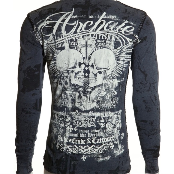 Archaic by Affliction Men's Thermal Shirt CRUDE Skull Biker Charcoal - Picture 7 of 9